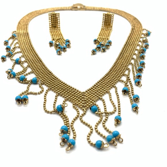 Vintage Signed SL Gold tone Blue Beaded choker statement Necklace & Earrings Set - Picture 1 of 8